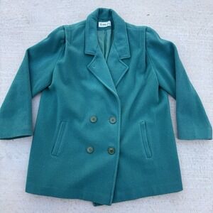 Vintage Herman Kay Trench Coat Women Petite Size 10 Teal‎ Wool Double Breasted